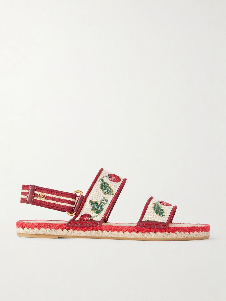 Embroidered leather-trimmed raffia sandals by VALENTINO