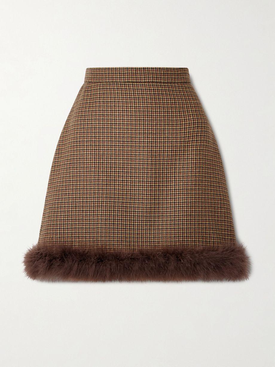 Feather-trimmed houndstooth wool mini skirt by VALENTINO