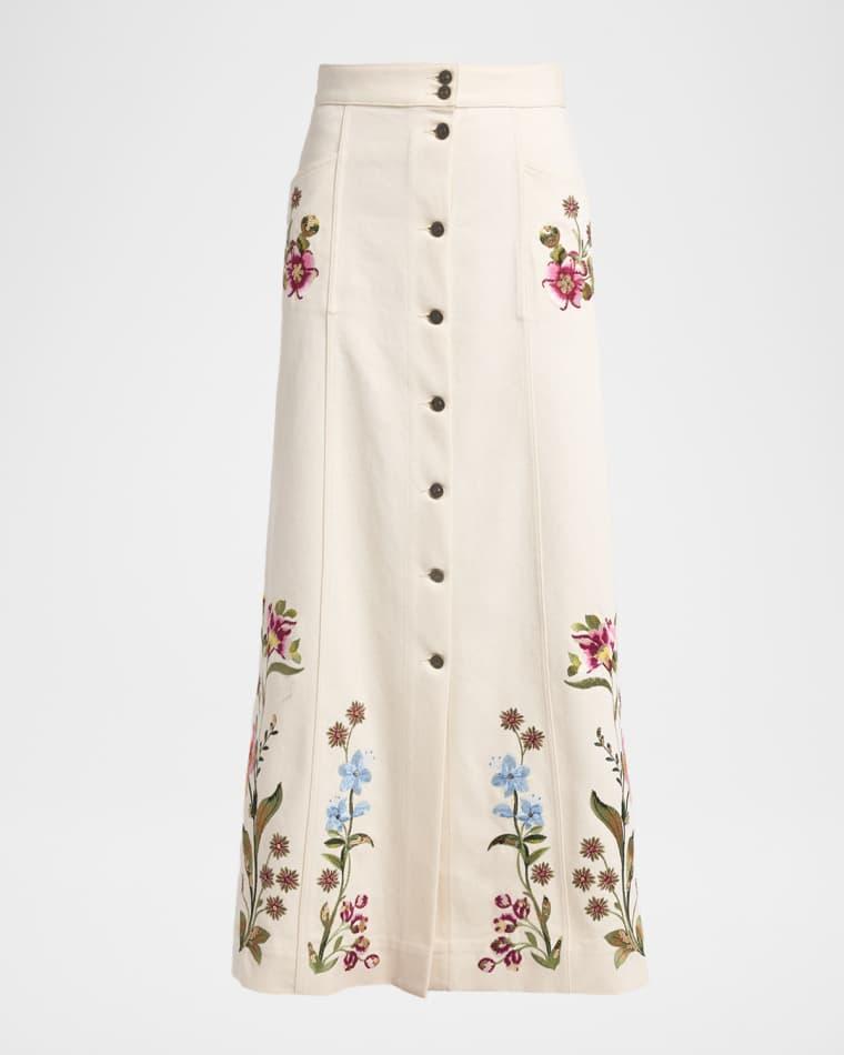 Floral Embroidered Denim Button-Front Maxi Skirt by VALENTINO
