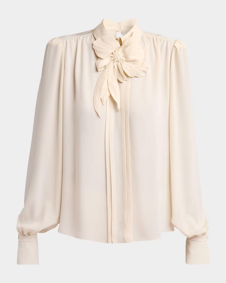Flower Applique Silk Collared Top by VALENTINO