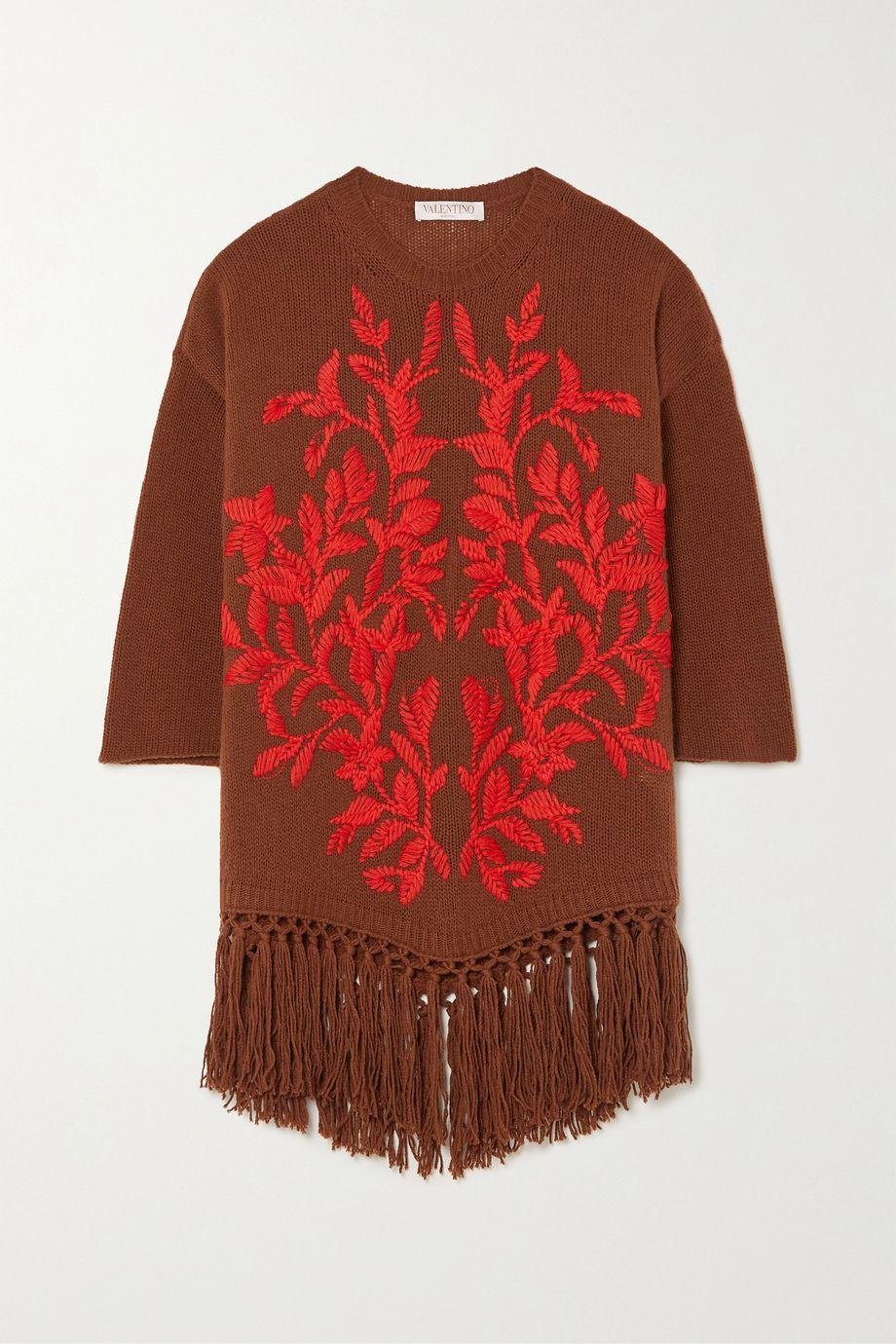 Fringed embroidered wool poncho by VALENTINO