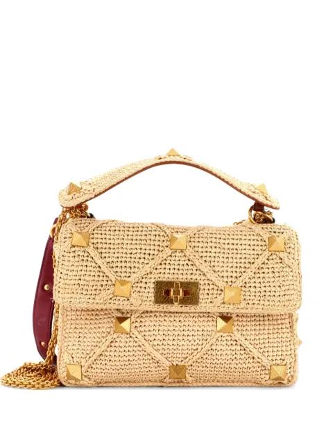 Roman Stud Flap Bag Woven Raffia Medium satchel by VALENTINO GARAVANI 