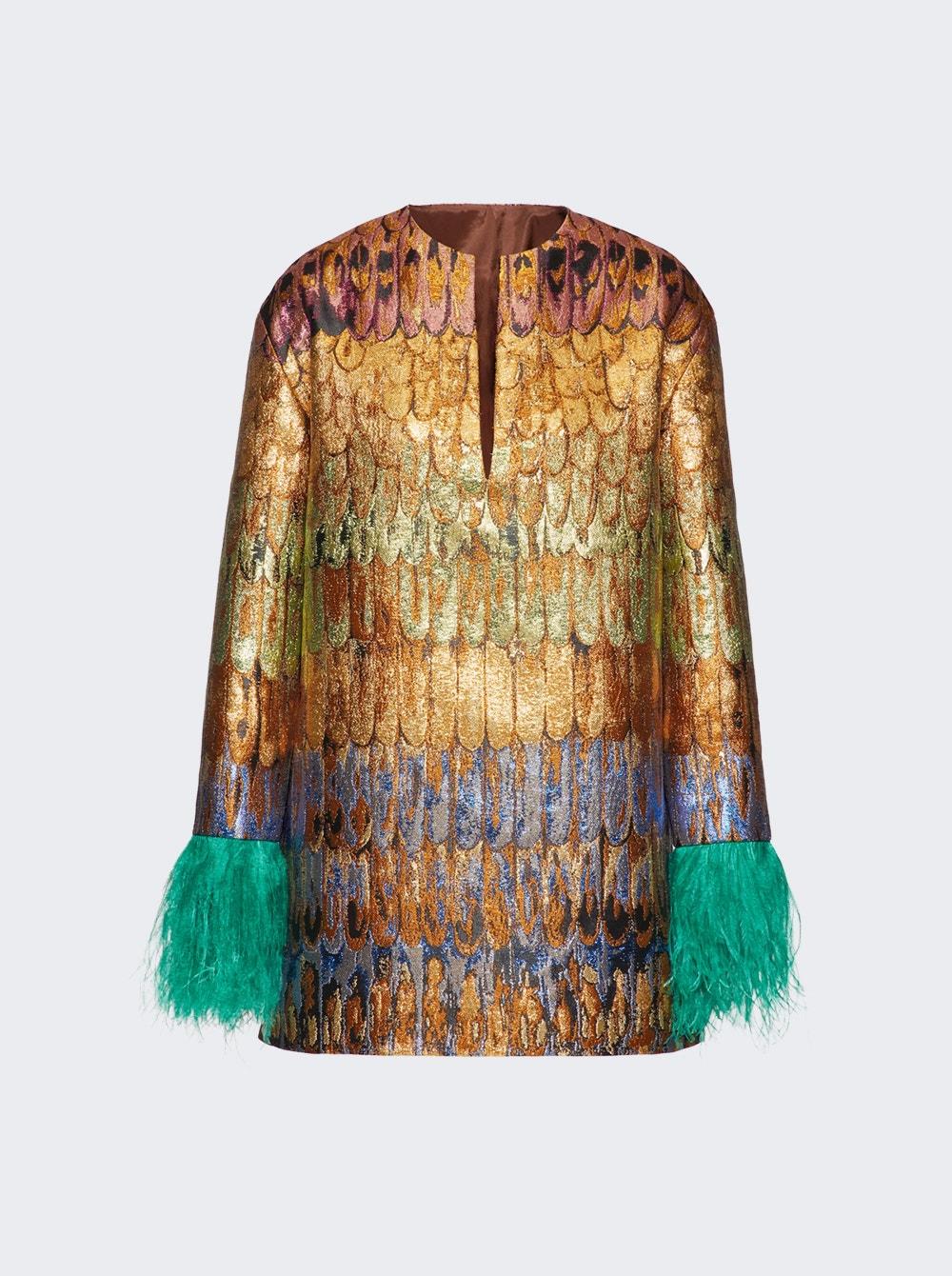 Golden Wings Brocade Kaftan Dress with Feathers Multicolor by VALENTINO Golden Wings Brocade Kaftan Dress with Feathers Multicolor by VALENTINO