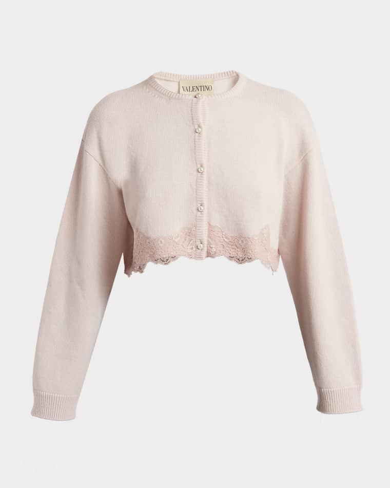 Lace-Trim Crop Crewneck Cardigan by VALENTINO