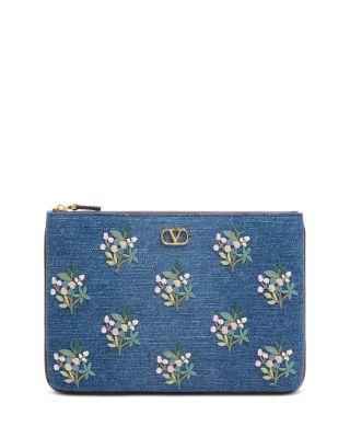 Medium Floral Embroidered Denim Flat Pouch by VALENTINO