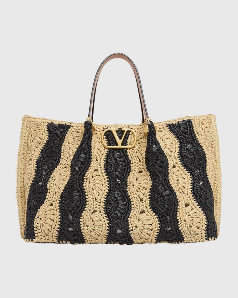 Medium Wavy Striped Viscose Raffia Tote Bag by VALENTINO