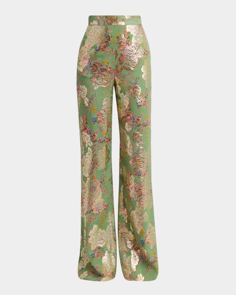 Metallic Floral Jacquard Straight-Leg Pants by VALENTINO