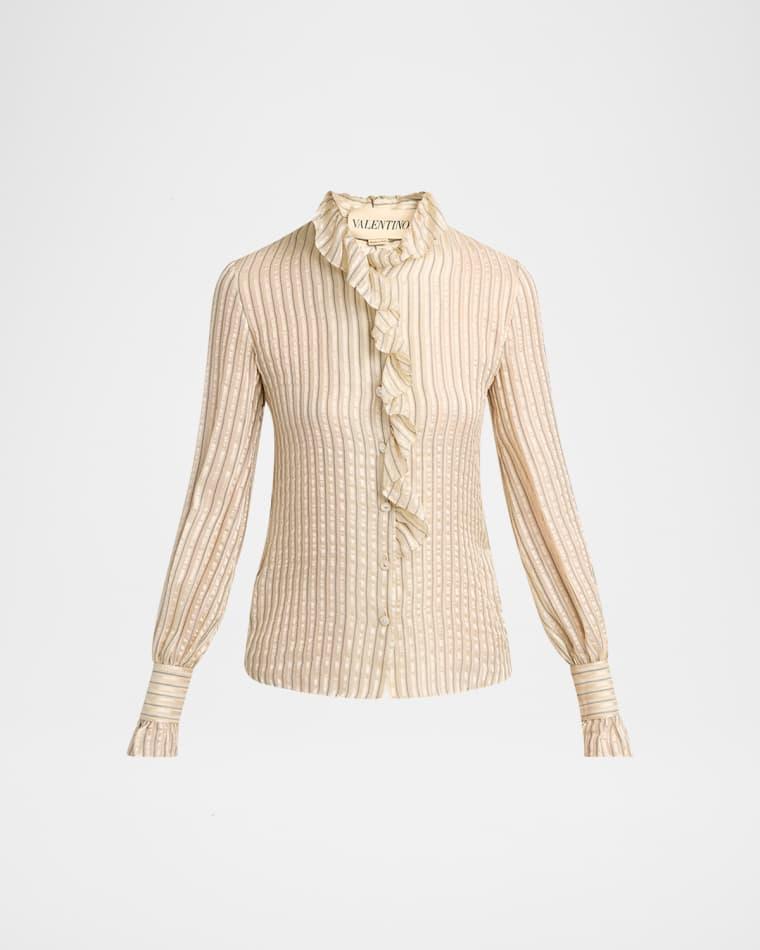 Metallic Striped Ruffle Button-Down Shirt by VALENTINO
