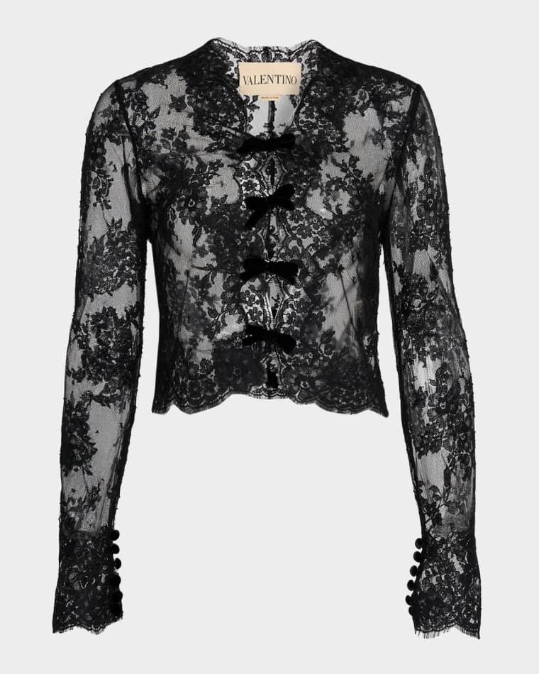 Mock-Neck Sheer Lace Long-Sleeve Top by VALENTINO