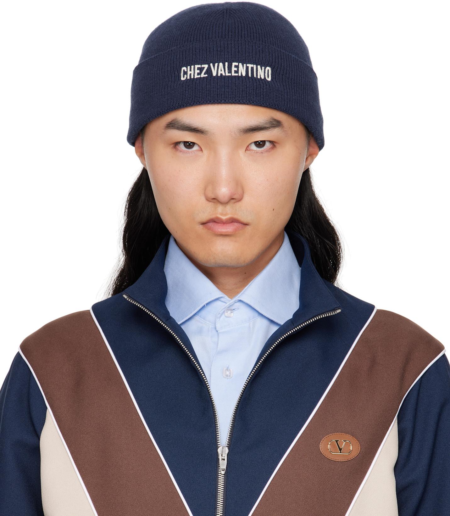 Navy 'Chez Valentino' Knitted Wool Beanie by VALENTINO