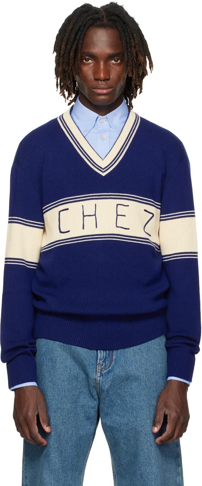Navy & Beige 'Chez Valentino' Jacquard Pattern Sweater by VALENTINO