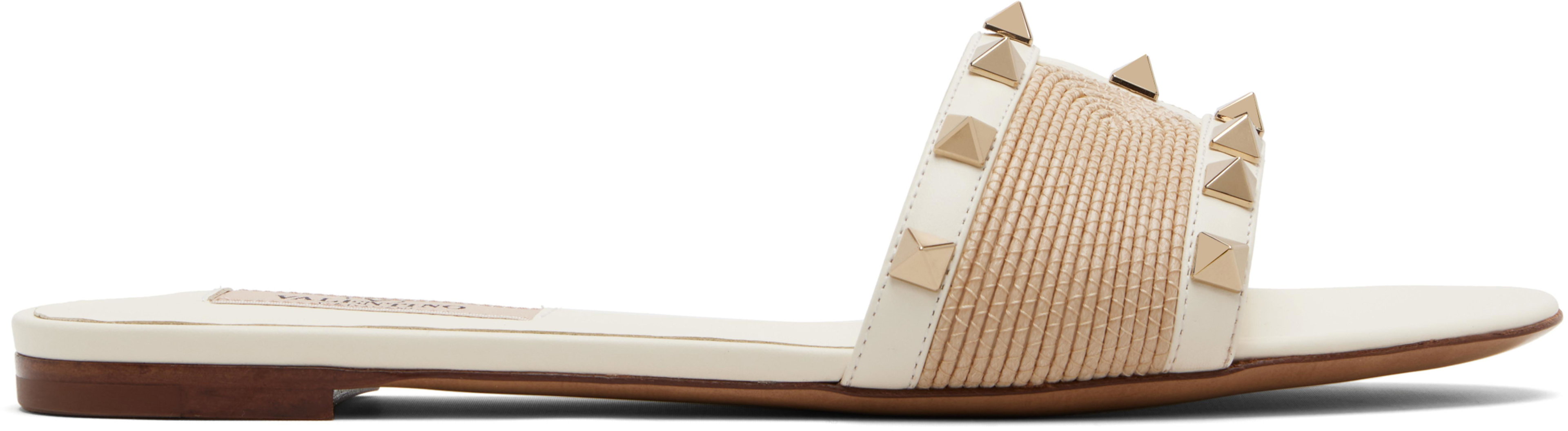 Off-White & Beige Rockstud Slide Sandals by VALENTINO