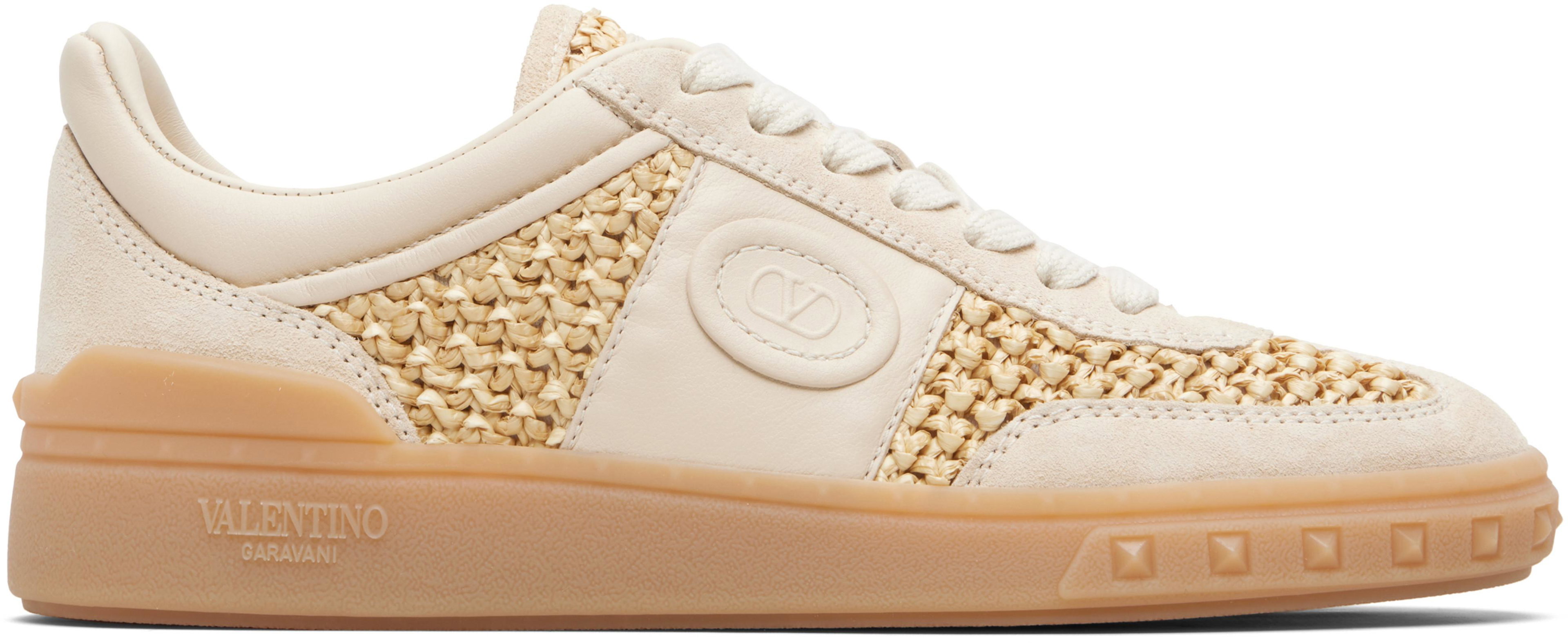 Off-White & Beige Upvillage Woven Faux-Raffia Sneakers by VALENTINO