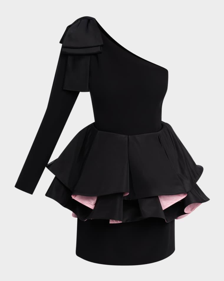 One-Shoulder Long-Sleeve Ruffle Mini Dress by VALENTINO