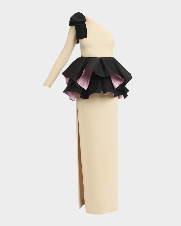 One-Shoulder Peplum Column Gown by VALENTINO
