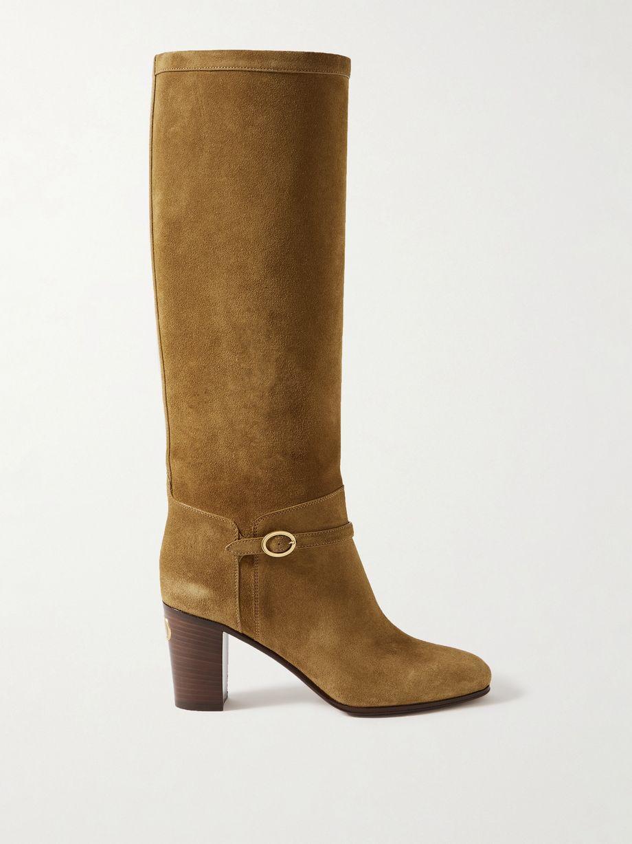 Pattie 75 buckle-embellished suede knee boots by VALENTINO
