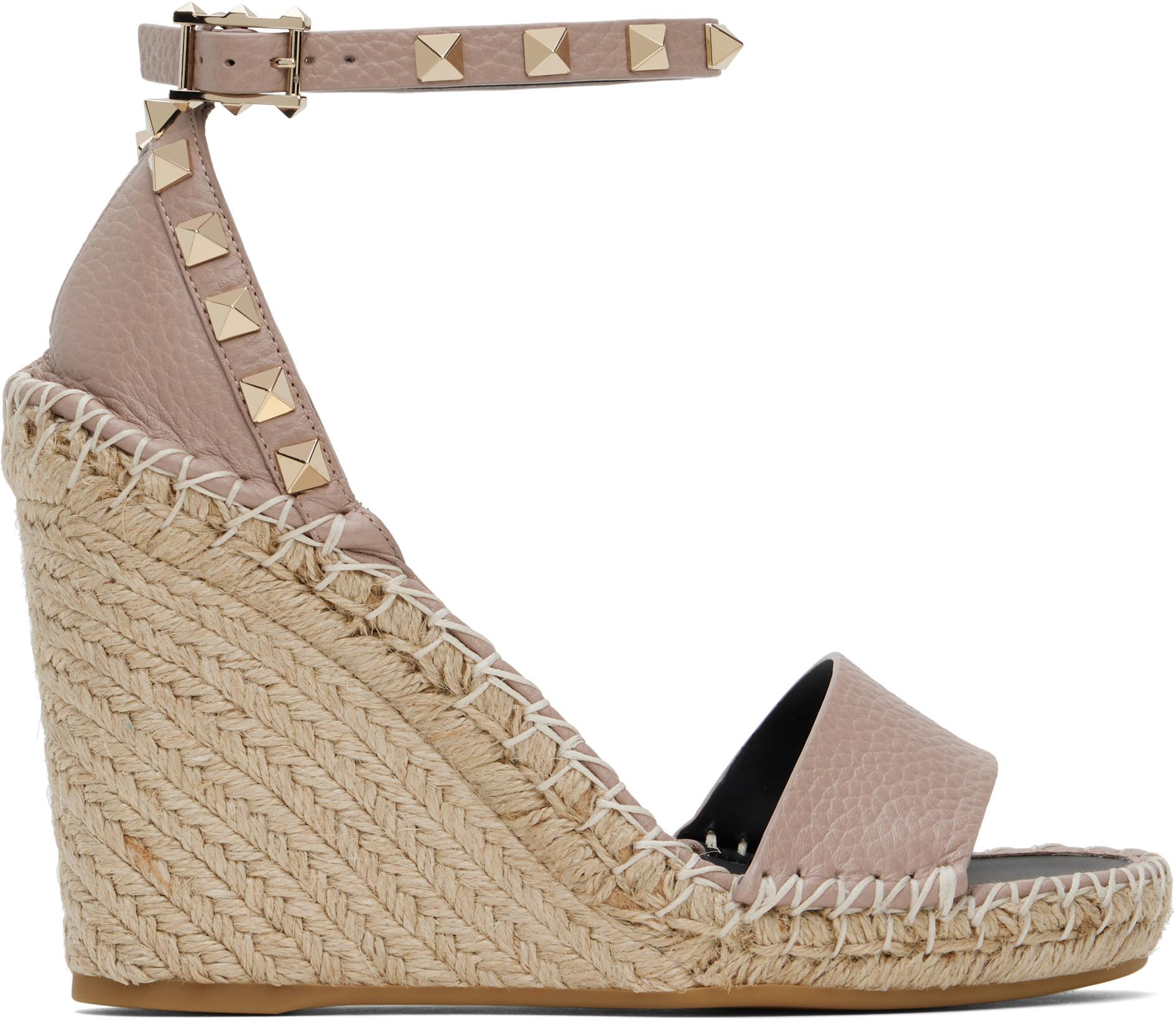 Pink Double Rockstud Grainy Calfskin Heeled Sandals by VALENTINO