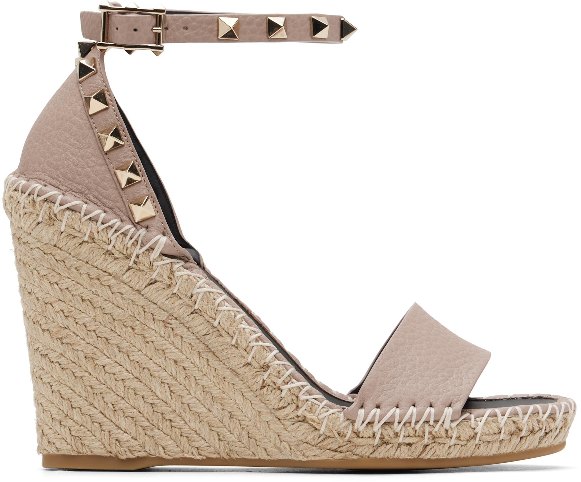 Pink Double Rockstud Grainy Calfskin Wedge Sandals by VALENTINO