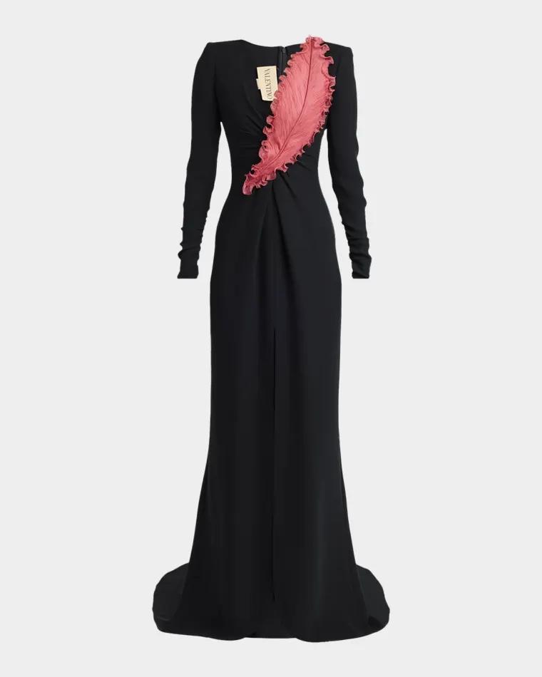 Plunging Embroidered Crepe Long-Sleeve Slit Gown by VALENTINO