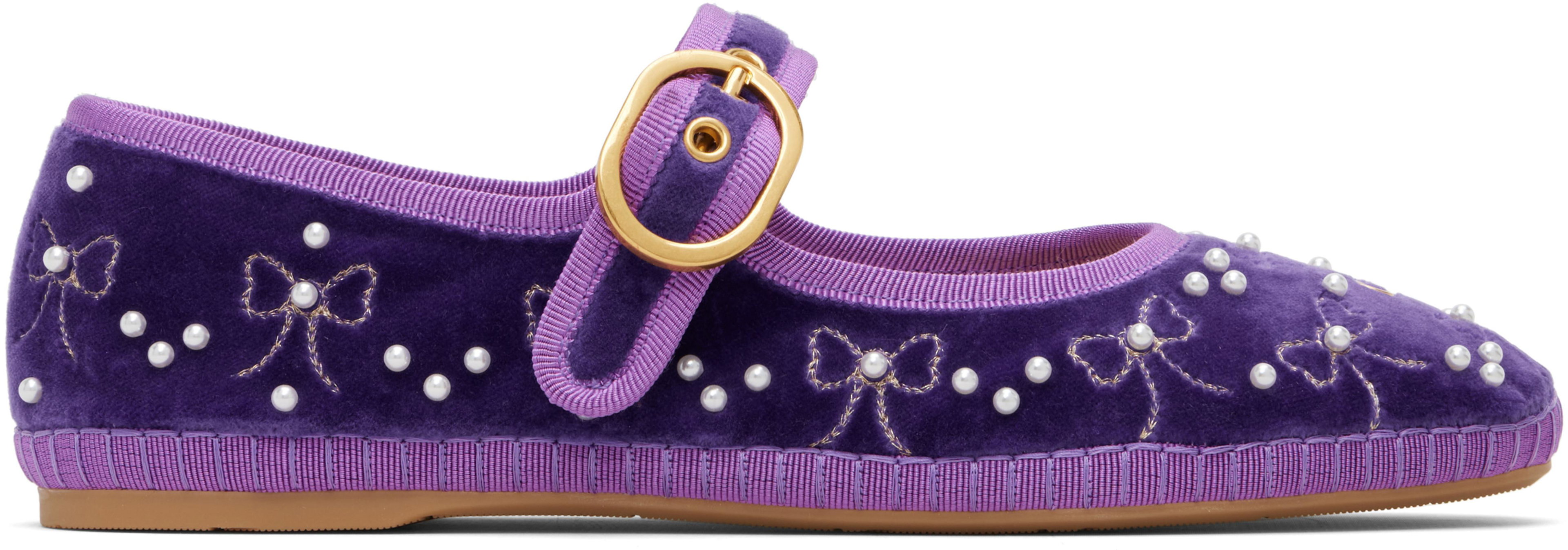 Purple Mary-Jane Endouce Velvet Ballerina Flats by VALENTINO