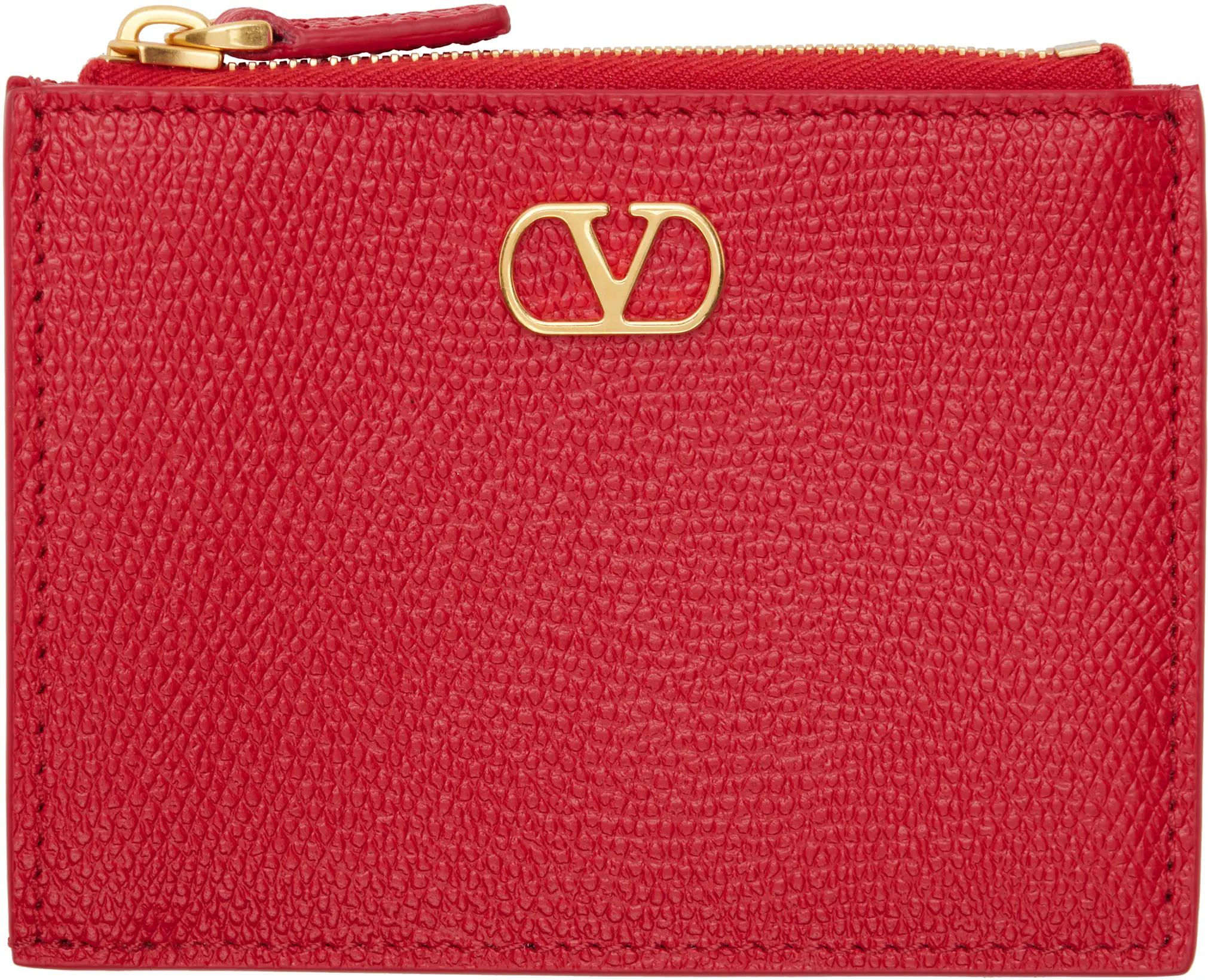 Red VLogo Signature Grainy Calfskin Card Holder by VALENTINO