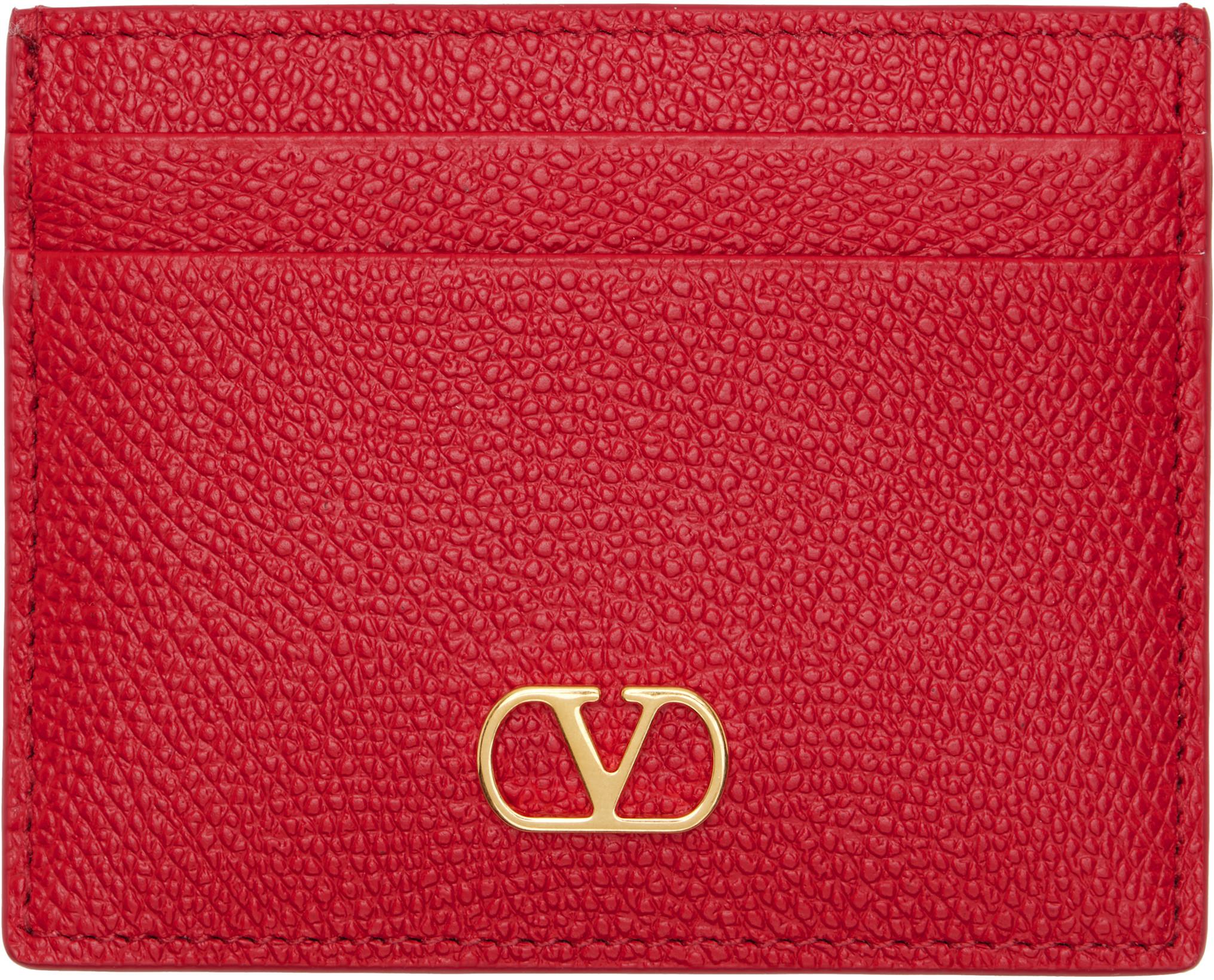 Red VLogo Signature Grainy Calfskin Card Holder by VALENTINO