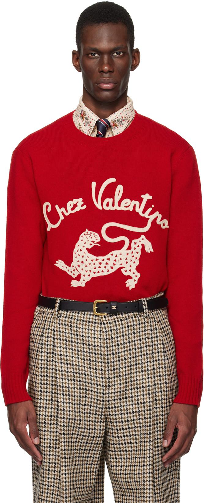 Red Wool 'Chez Valentino' Panther Embroidery Sweater by VALENTINO