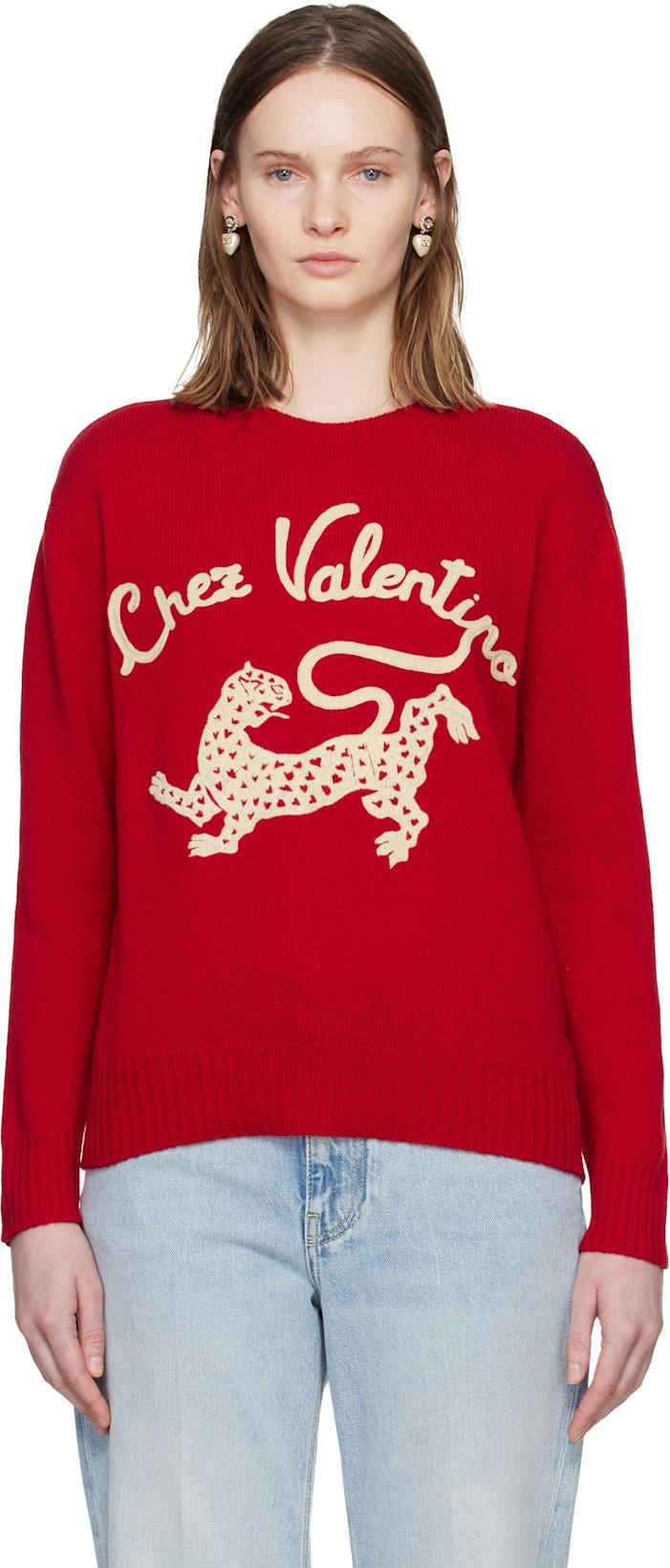 Red Wool 'Chez Valentino' & Panther Embroidery Sweater by VALENTINO