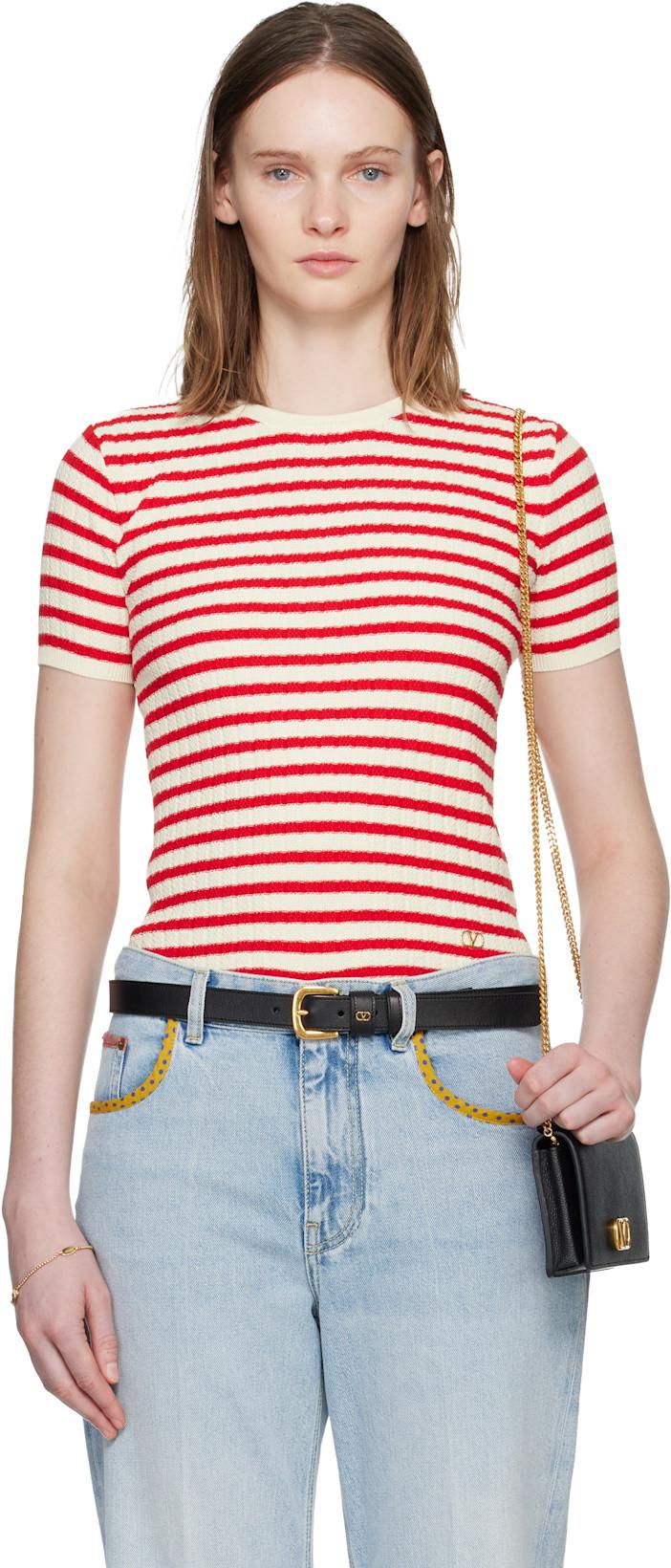 Red & White Knit Stripe Short Sleeve Sweater by VALENTINO