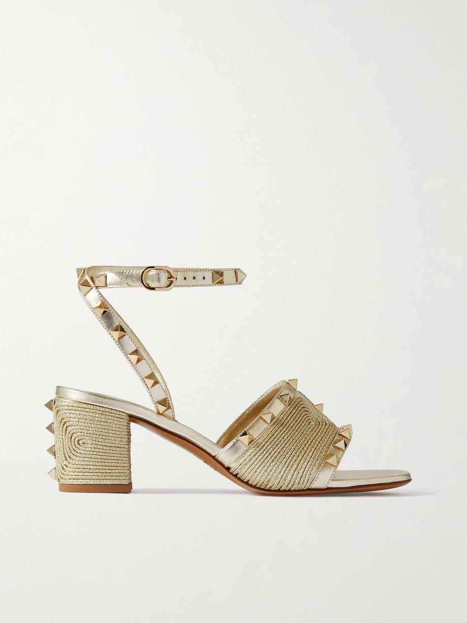 Rockstud 60 embellished raffia-trimmed metallic leather sandals by VALENTINO