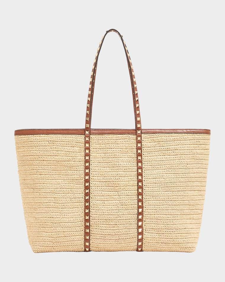 Rockstud Raffia Leather-Trim Tote Bag by VALENTINO