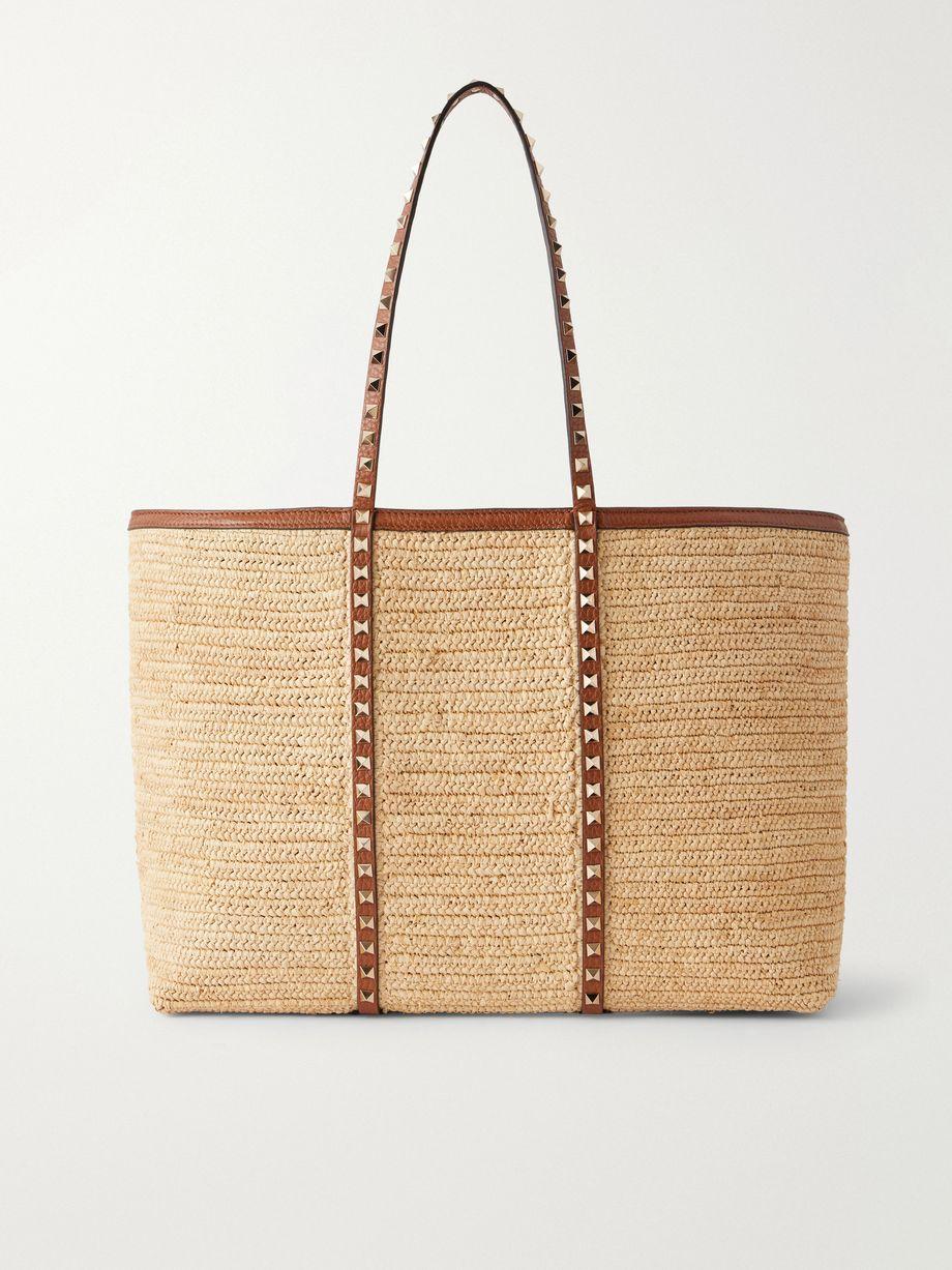 Rockstud leather-trimmed raffia tote by VALENTINO