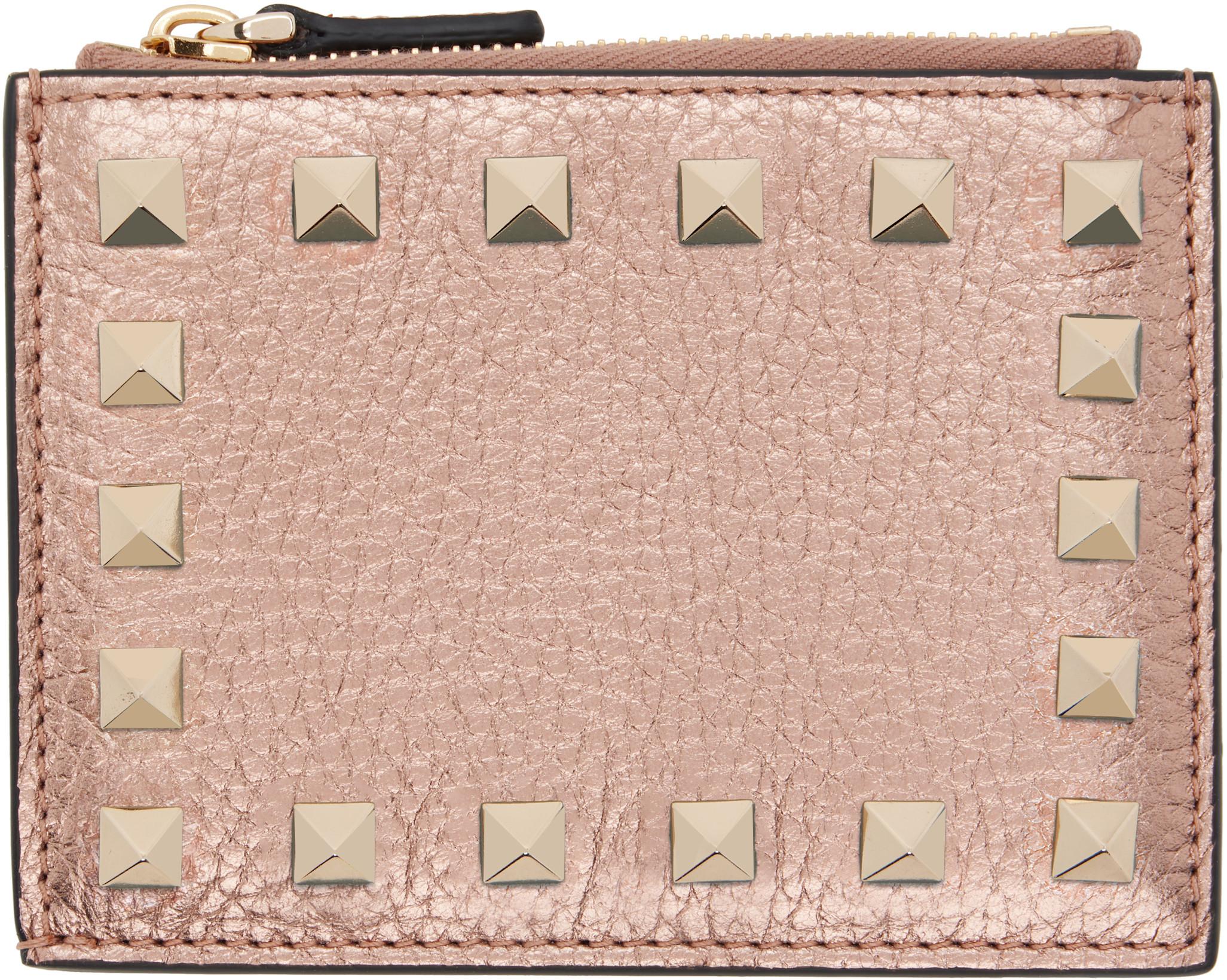 Rose Gold Rockstud Grainy Calfskin Card Holder by VALENTINO