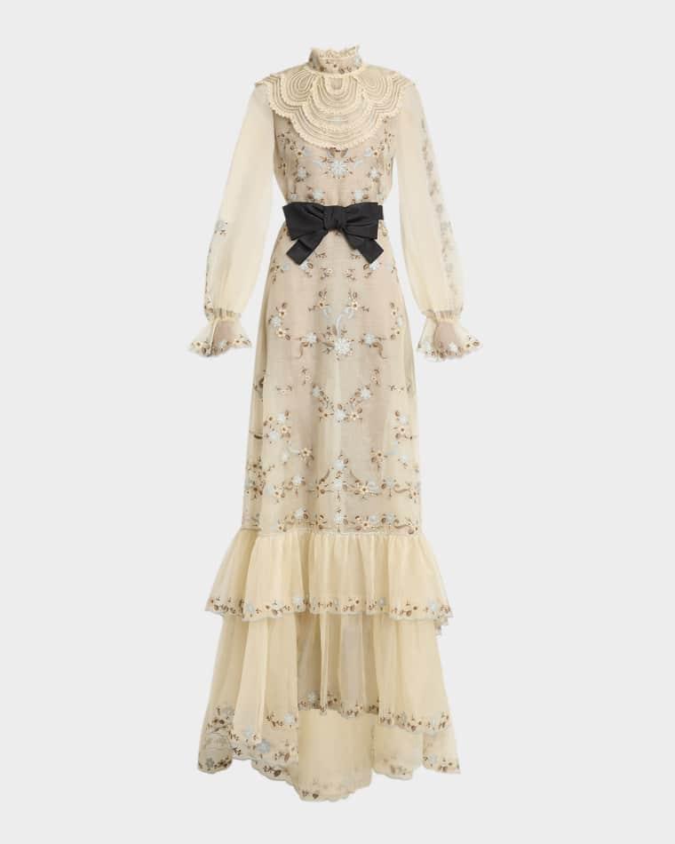Ruffle Embroidered Bib Long-Sleeve Bow Gown by VALENTINO