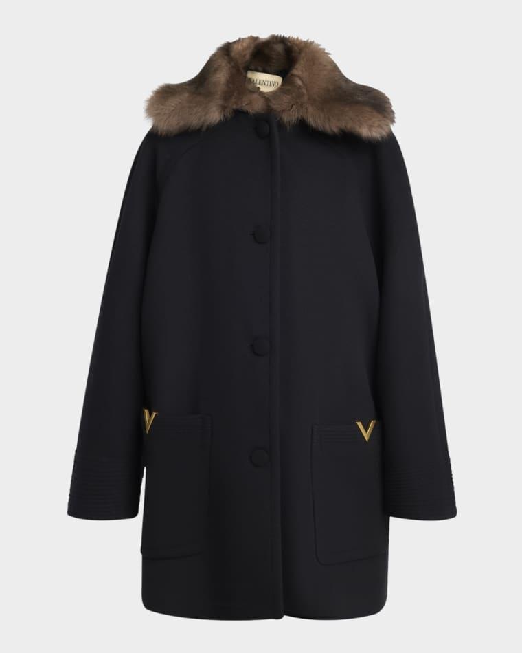 Sheep Shearling Collar Single-Breasted Wool Coat by VALENTINO