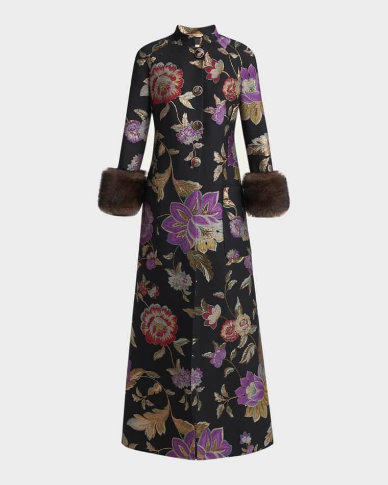 Sheep Shearling-Cuffs Metallic Floral Jacquard Long Coat by VALENTINO