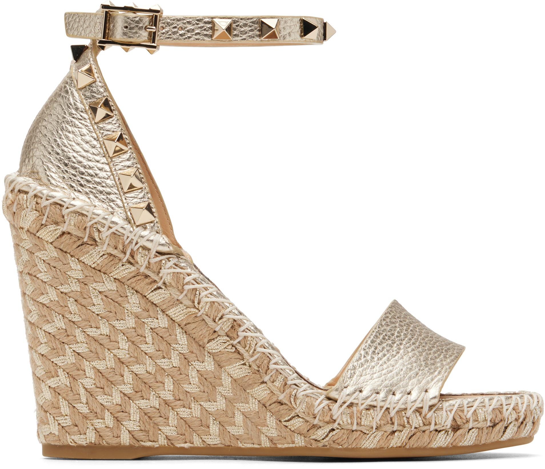 Silver Double Rockstud Grainy Calfskin Wedge Sandals by VALENTINO