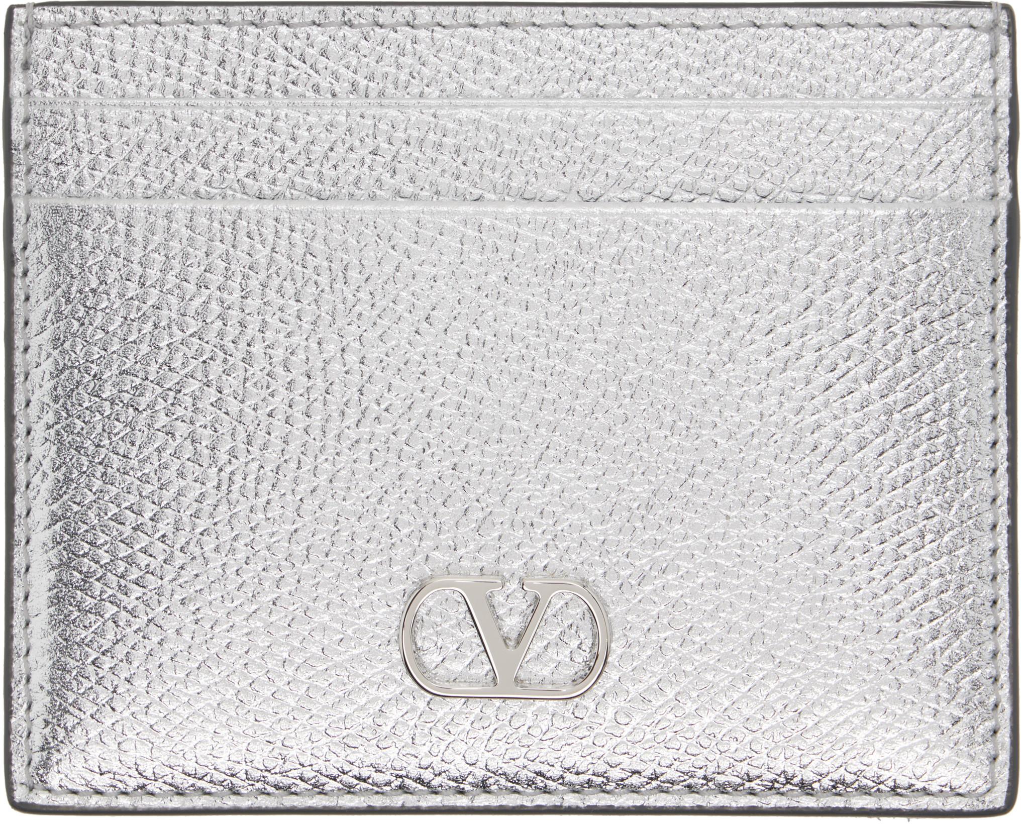 Silver VLogo Signature Laminated Grainy Calfskin Card Holder by VALENTINO