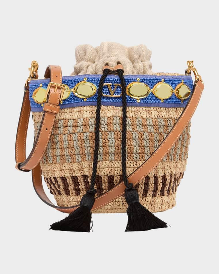 Small Viscose Raffia Beaded Bucket Bag by VALENTINO