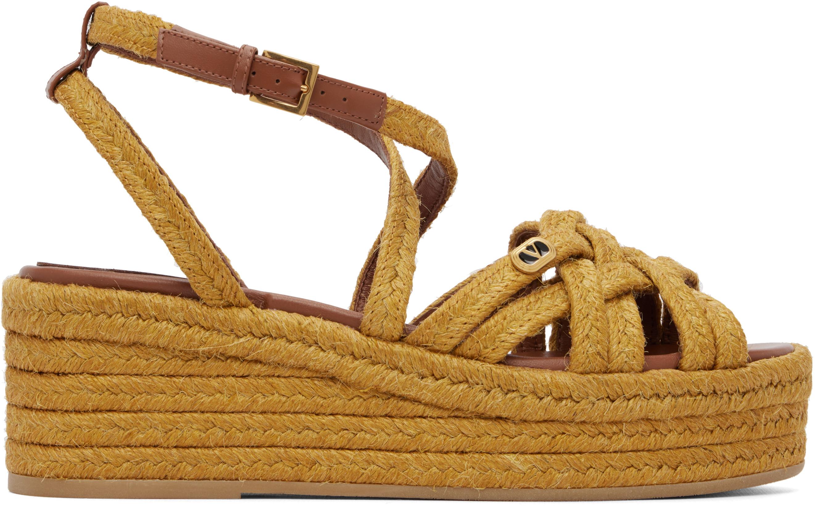 Tan Bribri Flatform Espadrilles Heeled Sandals by VALENTINO