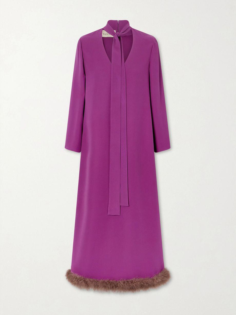 Tie-detailed feather-trimmed cady midi dress by VALENTINO