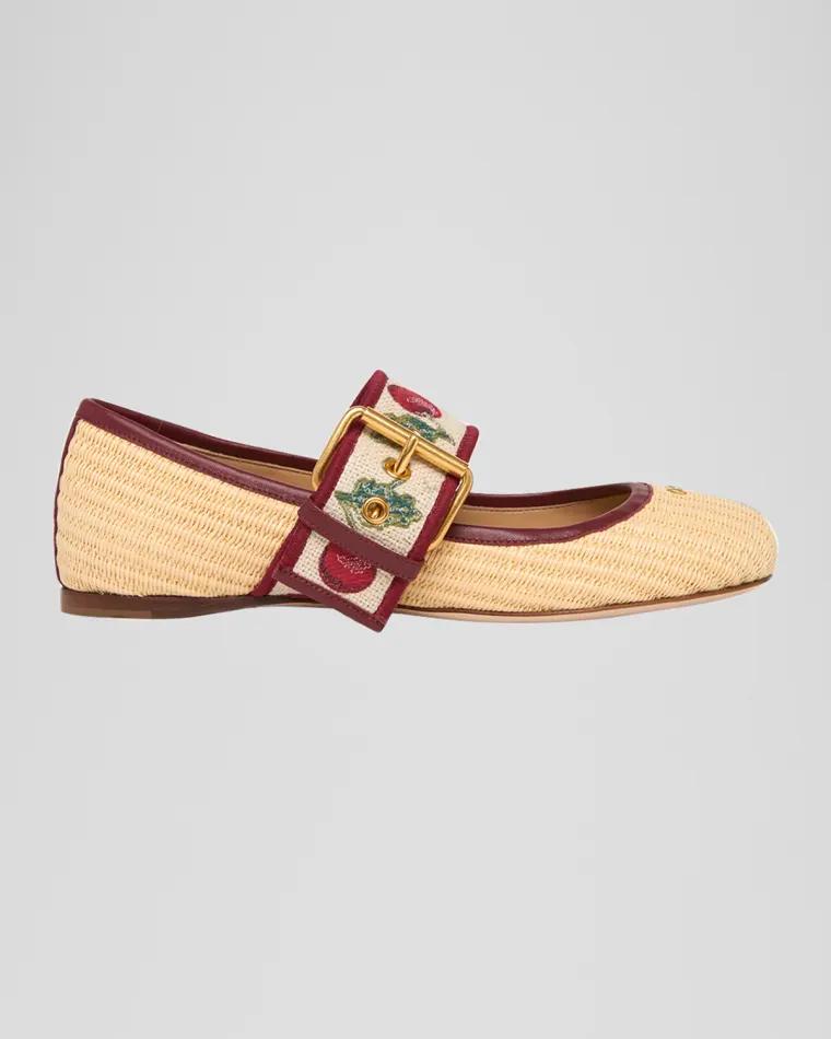 Tomato Embroidered Raffia Mary Jane Ballerina Flats by VALENTINO