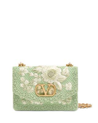 VLogo Raffia Flower & Beaded Green Shoulder Bag by VALENTINO