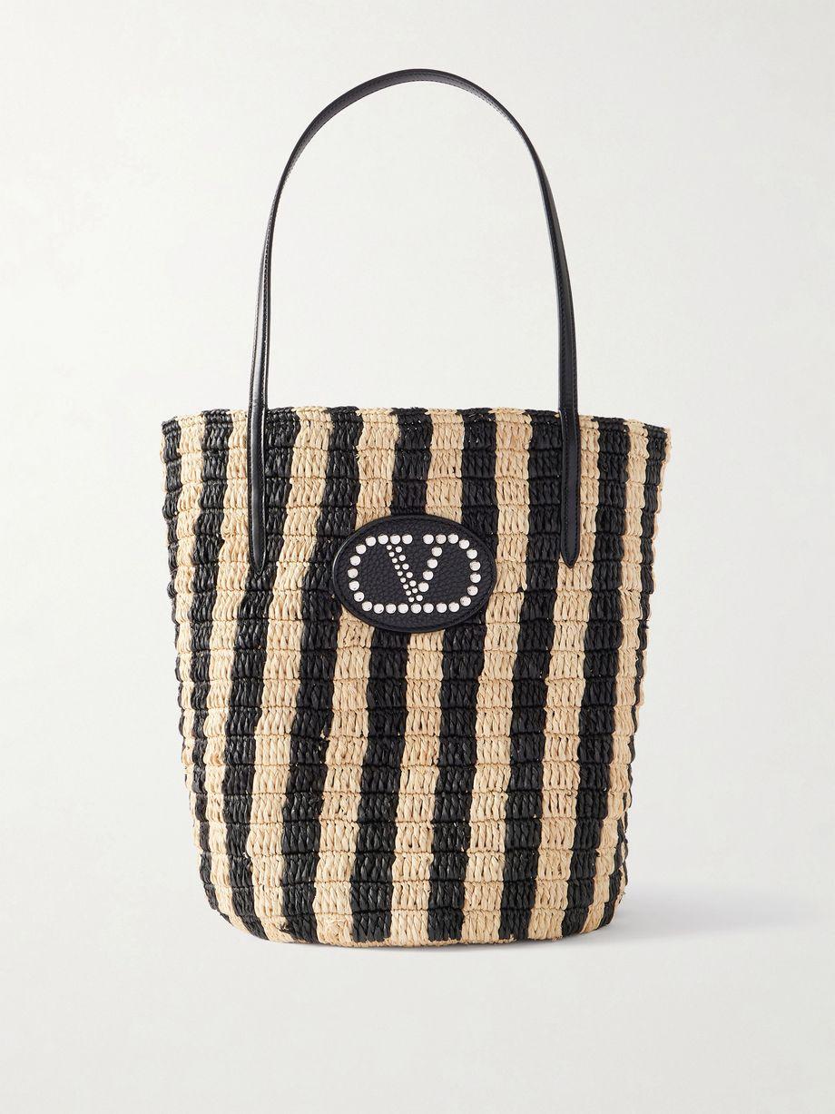 VLogo Signature small leather-trimmed striped raffia bucket bag by VALENTINO