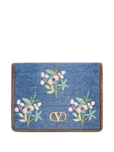 VLogo Signature wallet in denim with floral embroidery by VALENTINO
