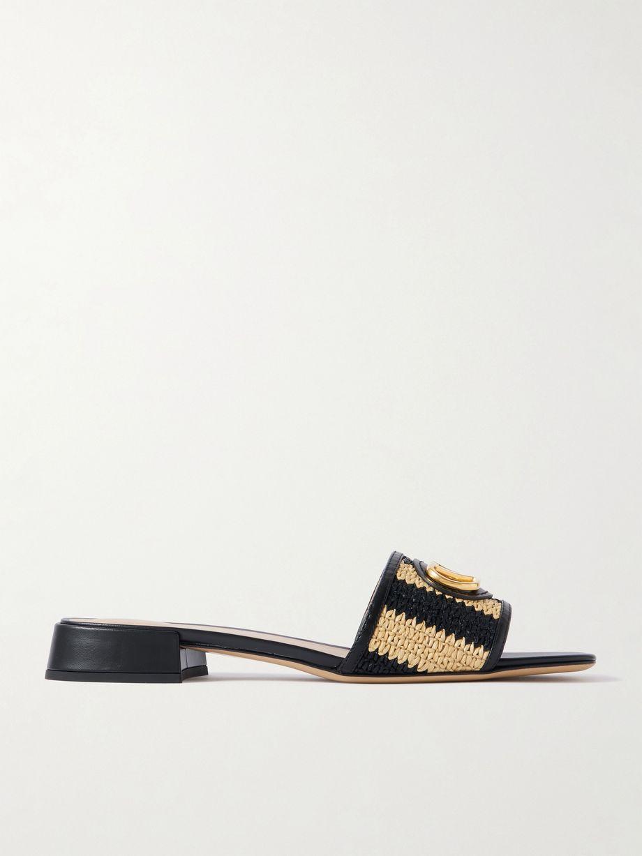 VLogo embellished leather-trimmed striped raffia slides by VALENTINO