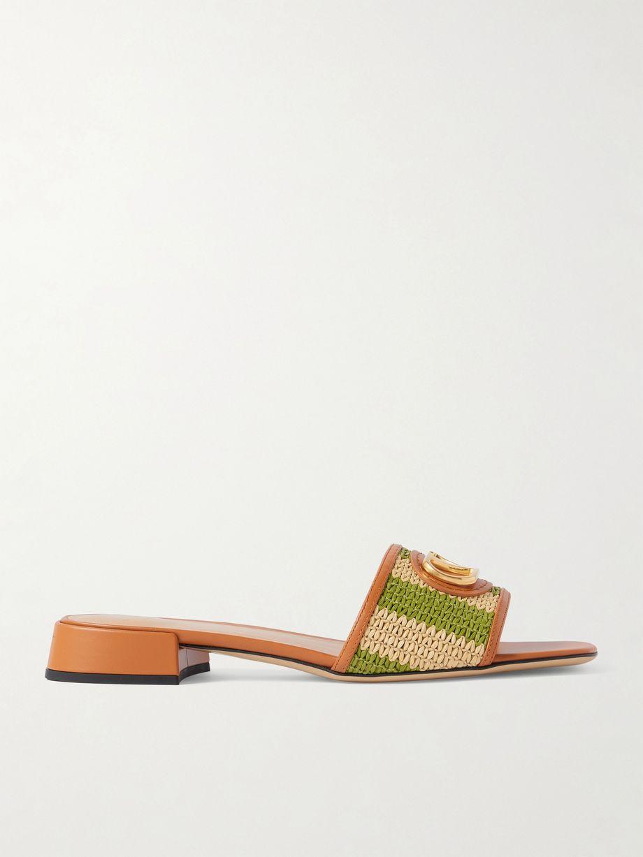 VLogo embellished leather-trimmed striped raffia slides by VALENTINO