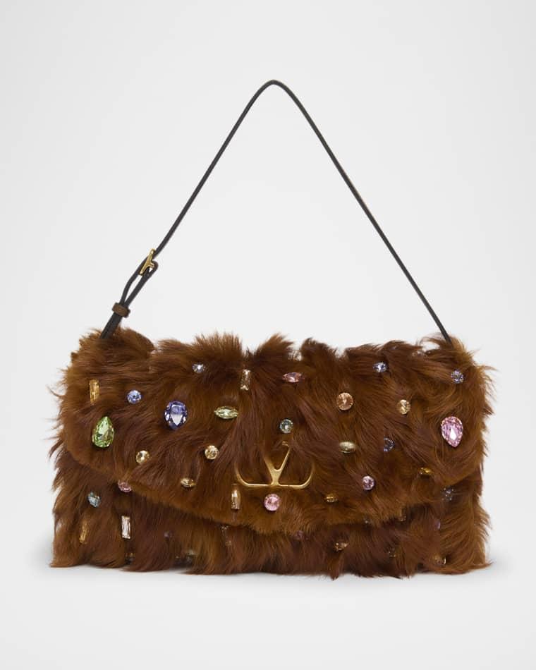 Vain Strass Fuzzy Shearling Shoulder Bag by VALENTINO