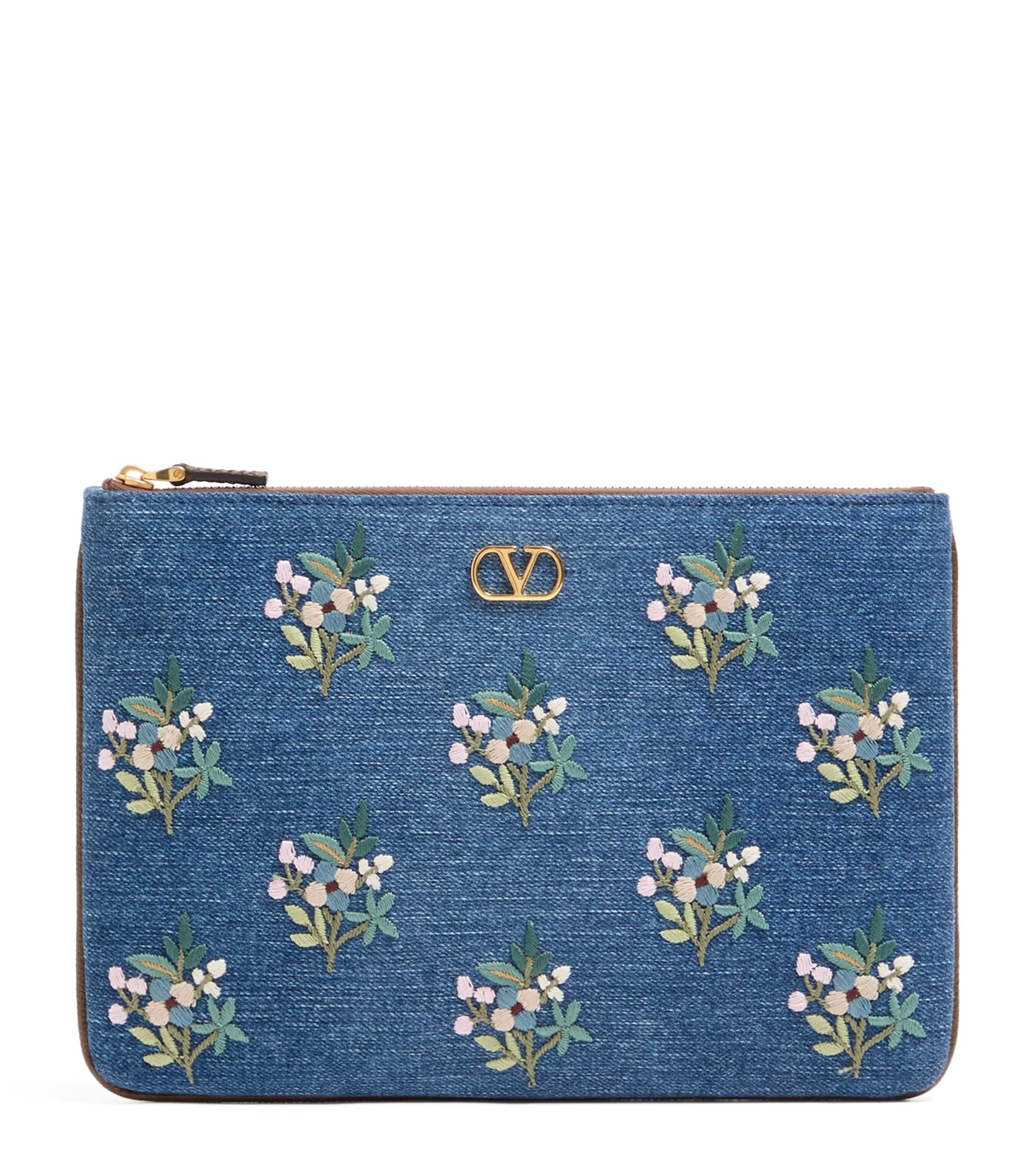 Valentino Garavani Denim Embroidered VLogo Signature Pouch by VALENTINO