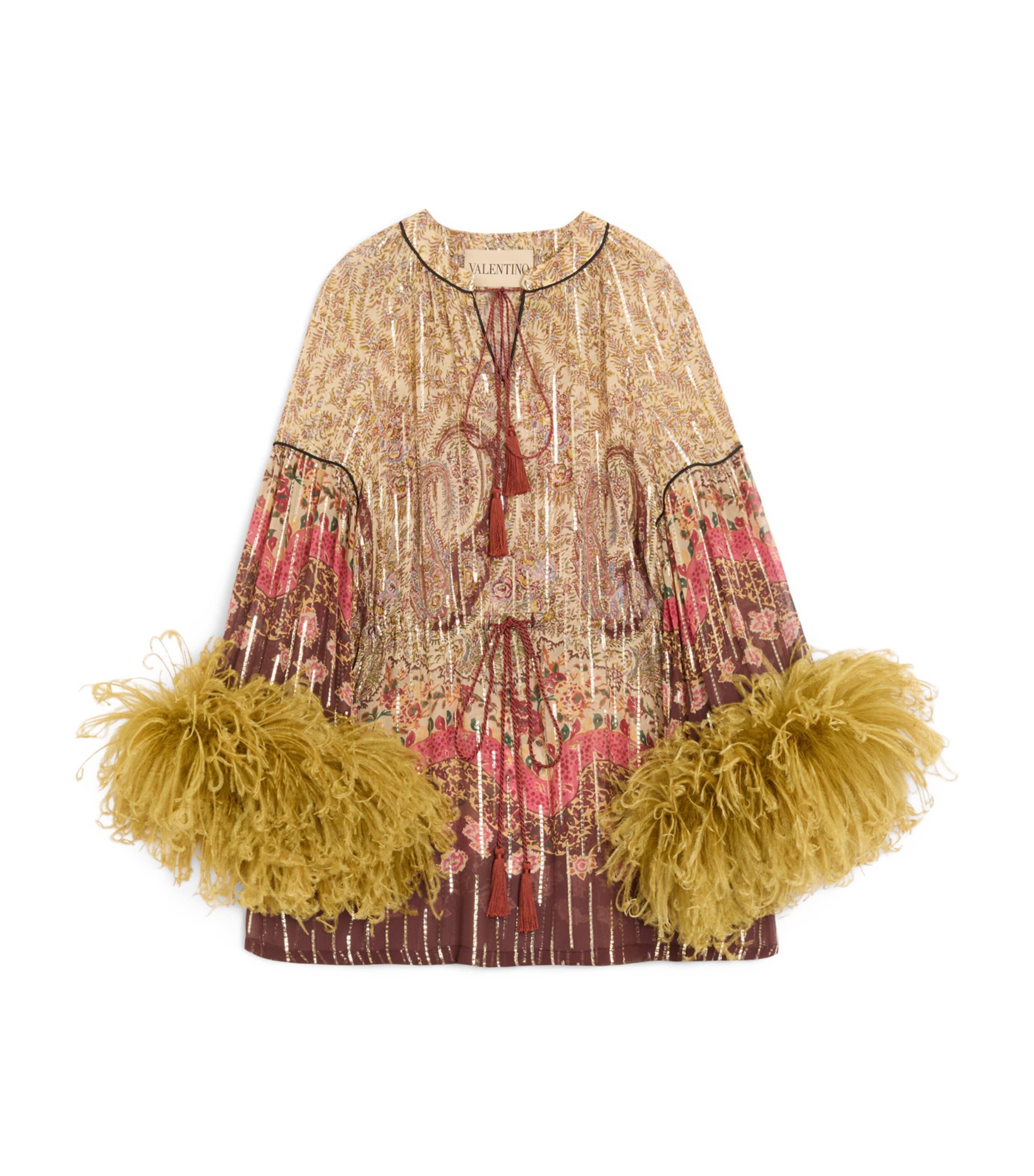 Valentino Metallic Silk Feather-Trim Top by VALENTINO